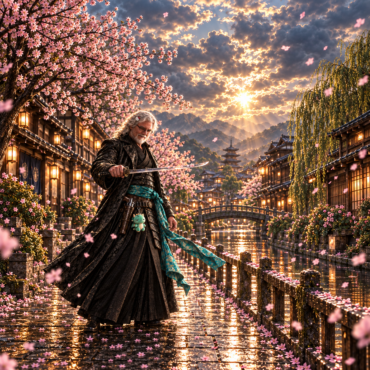 Dreaming Kaiju, a smiling silver-haired swordsman in samurai armor and a long coat, catching cherry blossoms on his katana beside a sunlit Japanese canal. A small green kaiju charm hangs beside his holstered revolver.