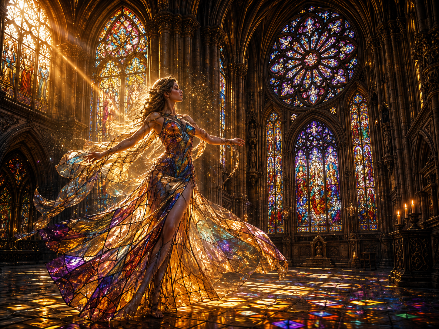 Stained Grace standing in a cathedral filled with radiant stained glass